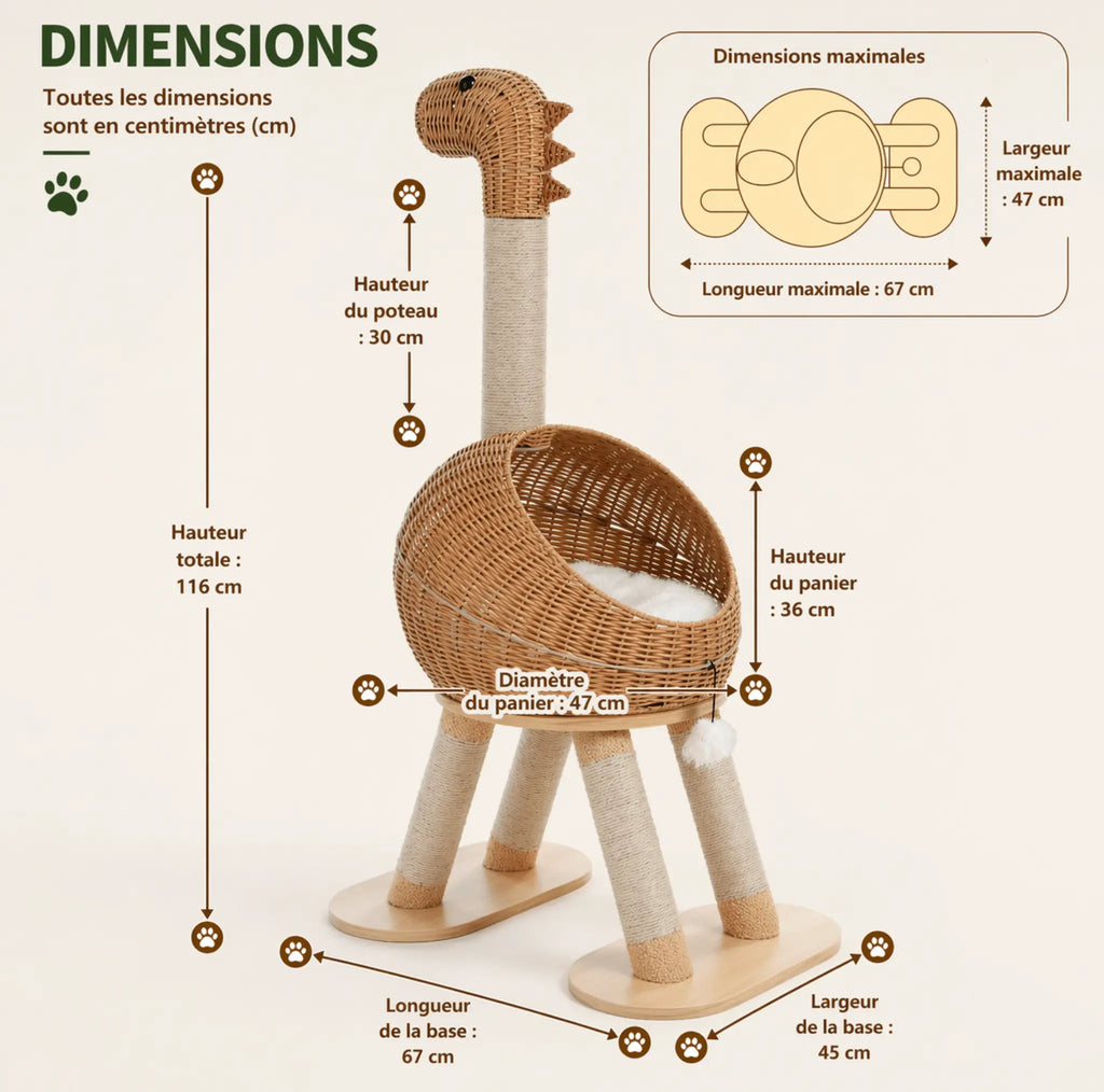 Arbre à Chat Moderne Design 116 cm – Style Dino, Stable 3 Niveaux avec Panier Rotin, Griffoirs Sisal et Niche