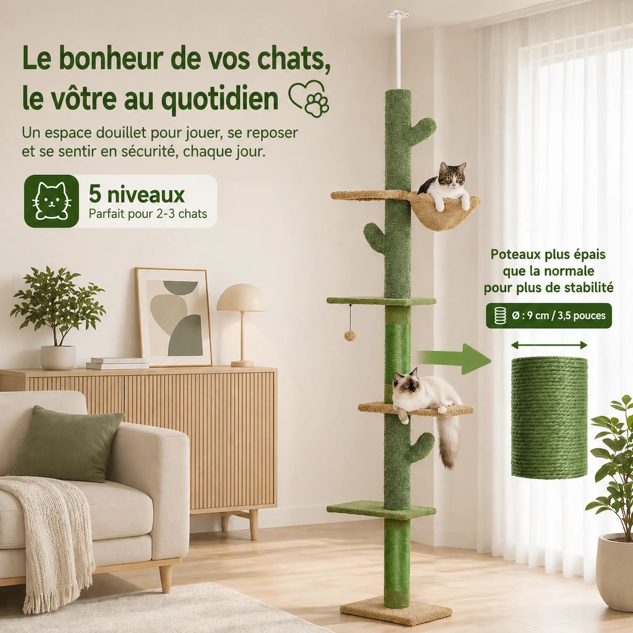 Arbre à Chat Plafond Réglable XXL – 5 Niveaux Stable du Sol au Plafond avec Hamac, Griffoirs et Plateformes