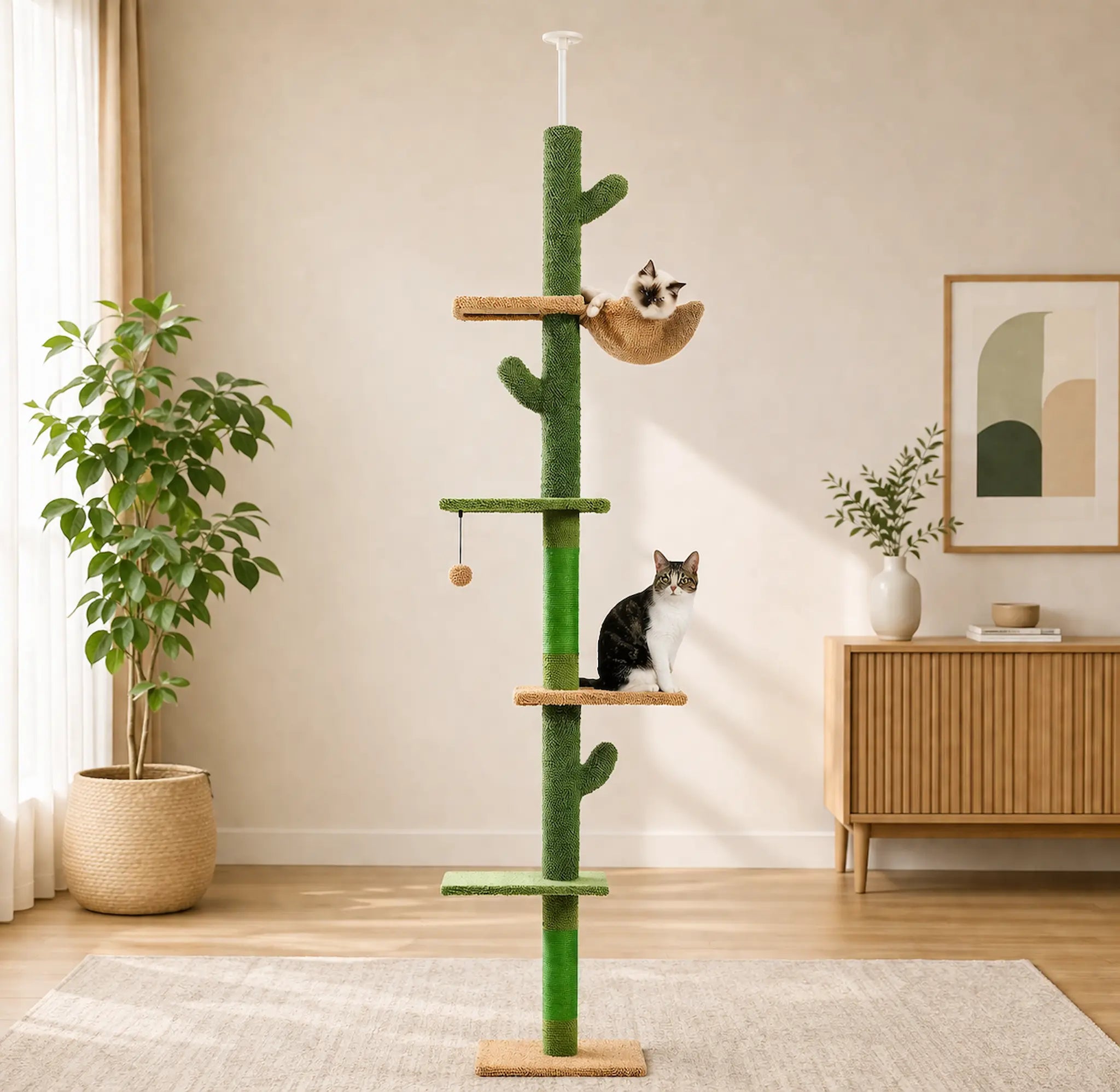 Arbre à Chat Plafond Réglable XXL – 5 Niveaux Stable du Sol au Plafond avec Hamac, Griffoirs et Plateformes