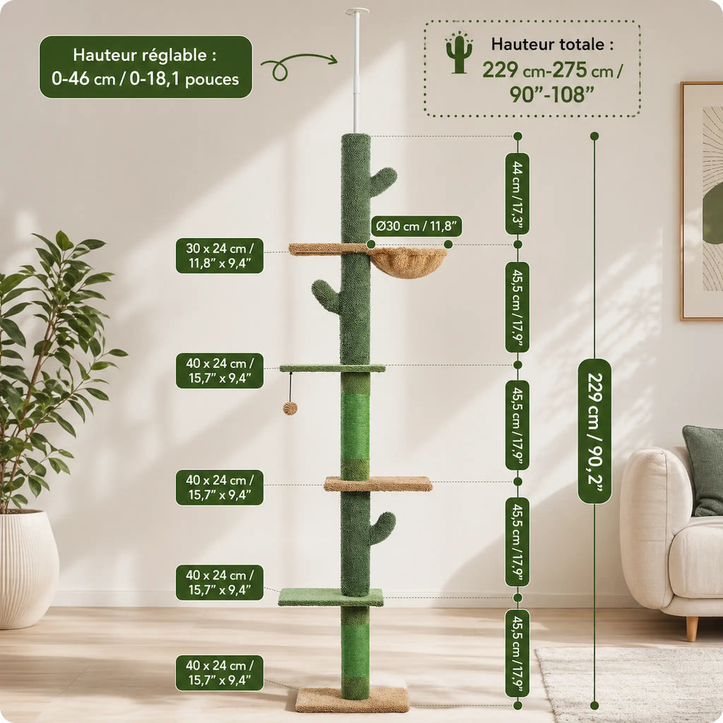 Arbre à Chat Plafond Réglable XXL – 5 Niveaux Stable du Sol au Plafond avec Hamac, Griffoirs et Plateformes