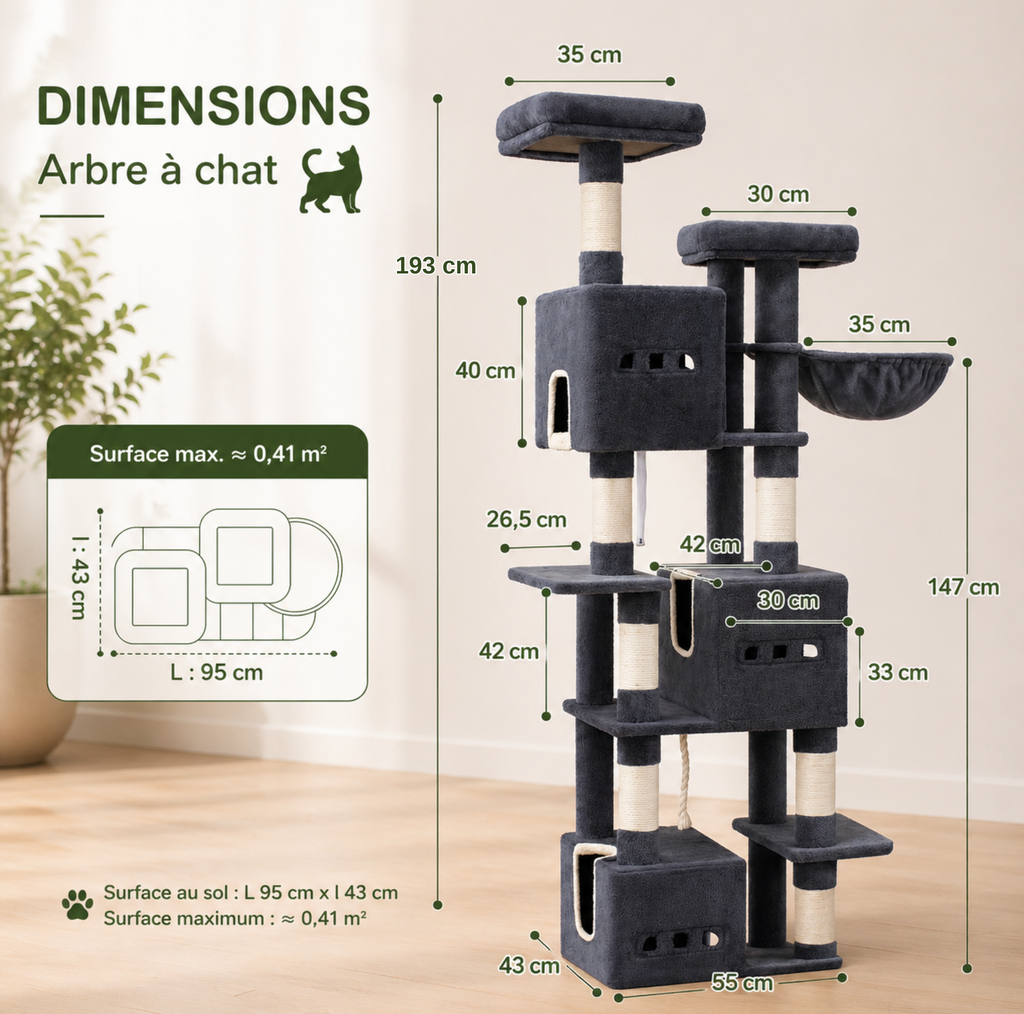 Arbre à Chat 193 cm XXL Stable – 7 Niveaux, Niches Spacieuses & Paniers 360°