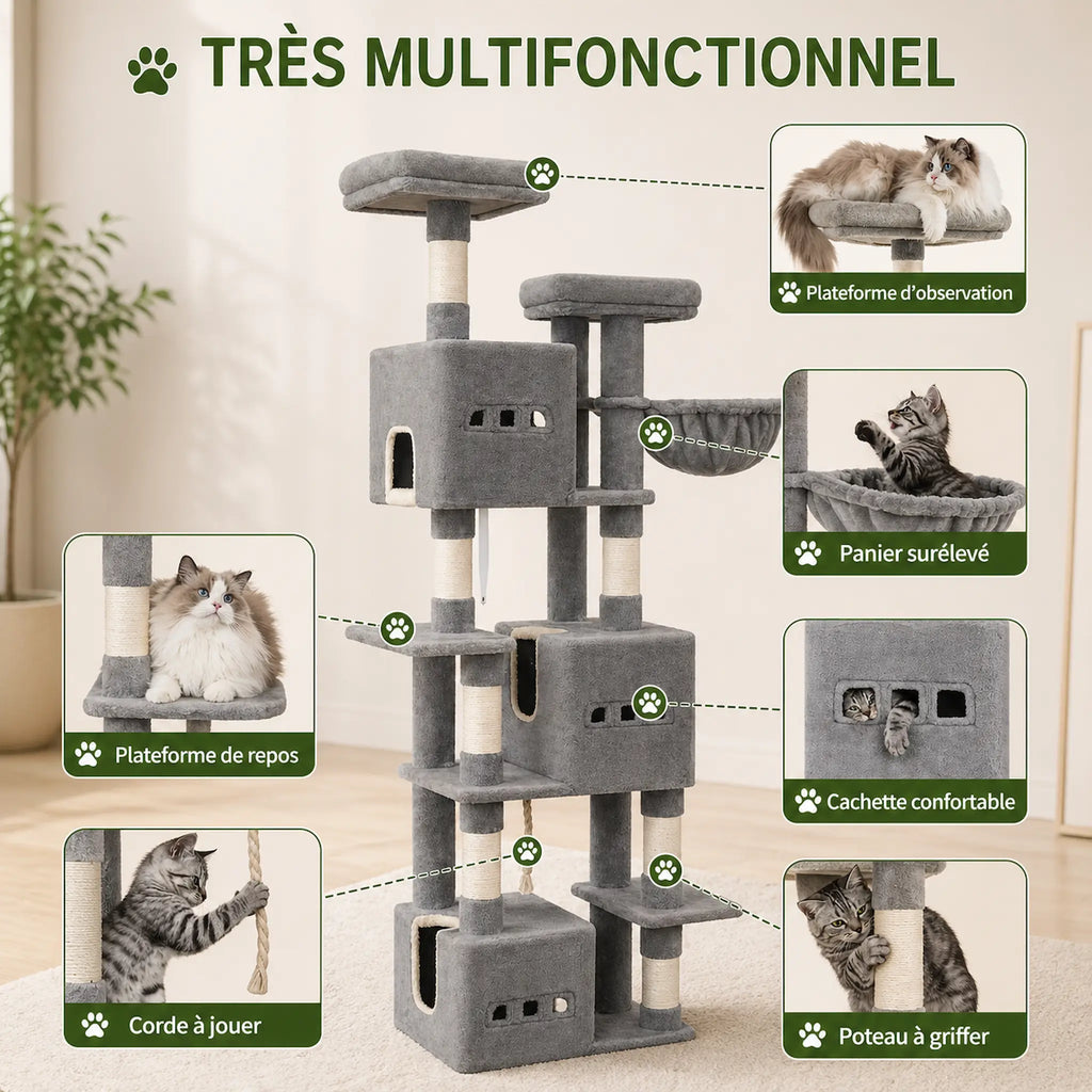 Arbre à Chat 193 cm XXL Stable – 7 Niveaux, Niches Spacieuses & Paniers 360°