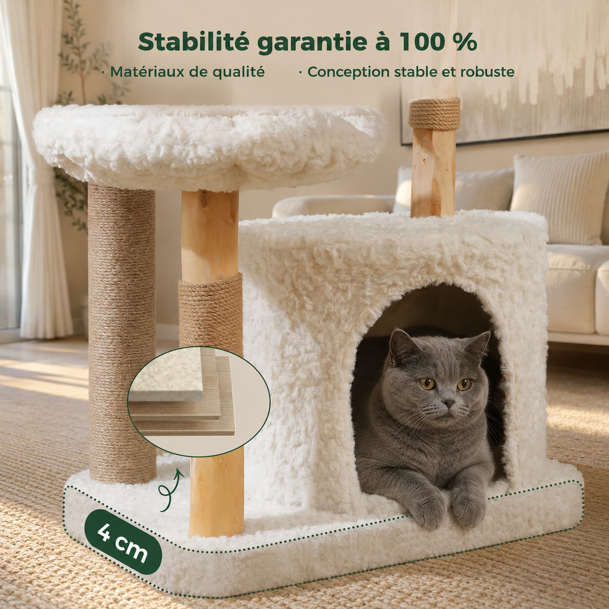 Arbre à Chat Rotin et Bois 123 cm | Blanc Nuage