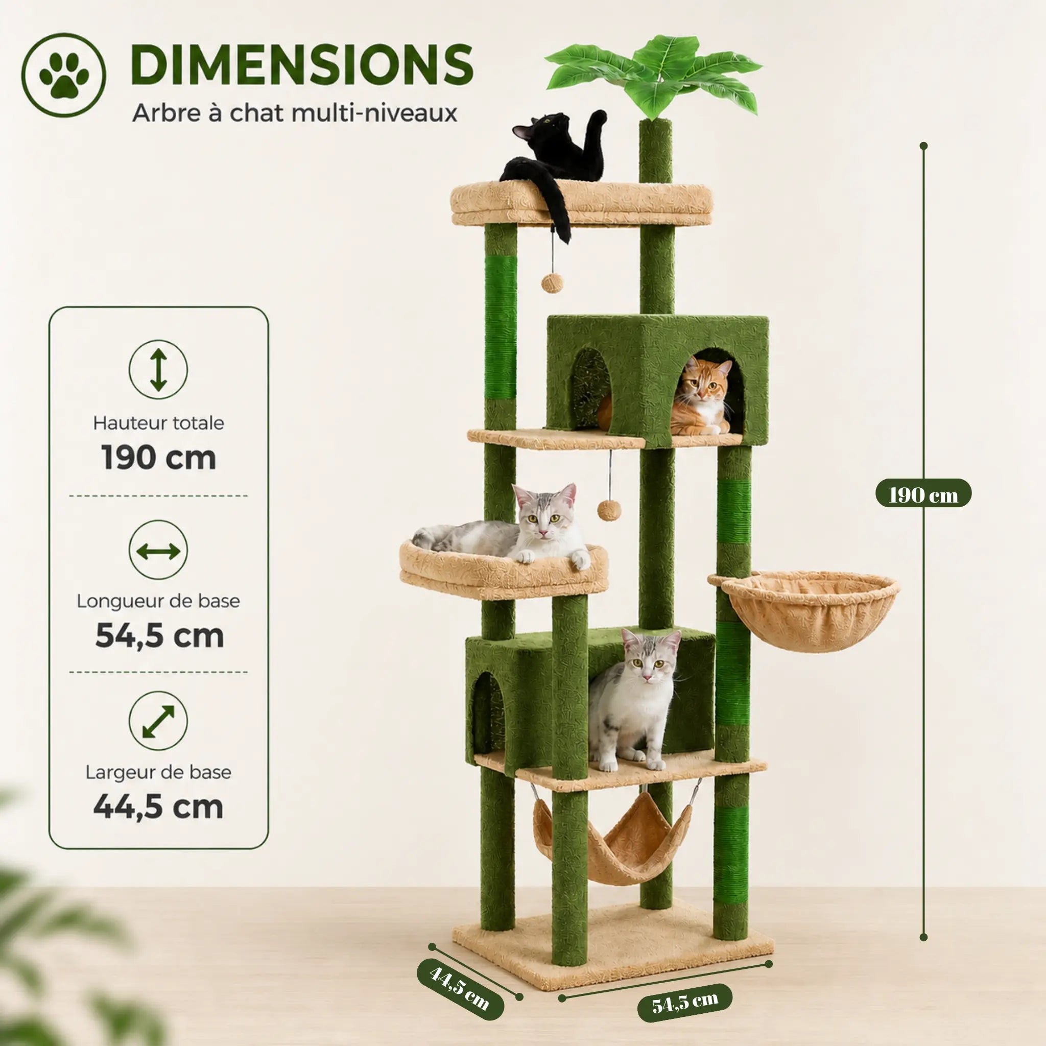 Arbre à Chat Solide et Stable 190 cm – XXL Multiniveaux avec Hamac, Niche, Perchoir et Griffoirs Sisal