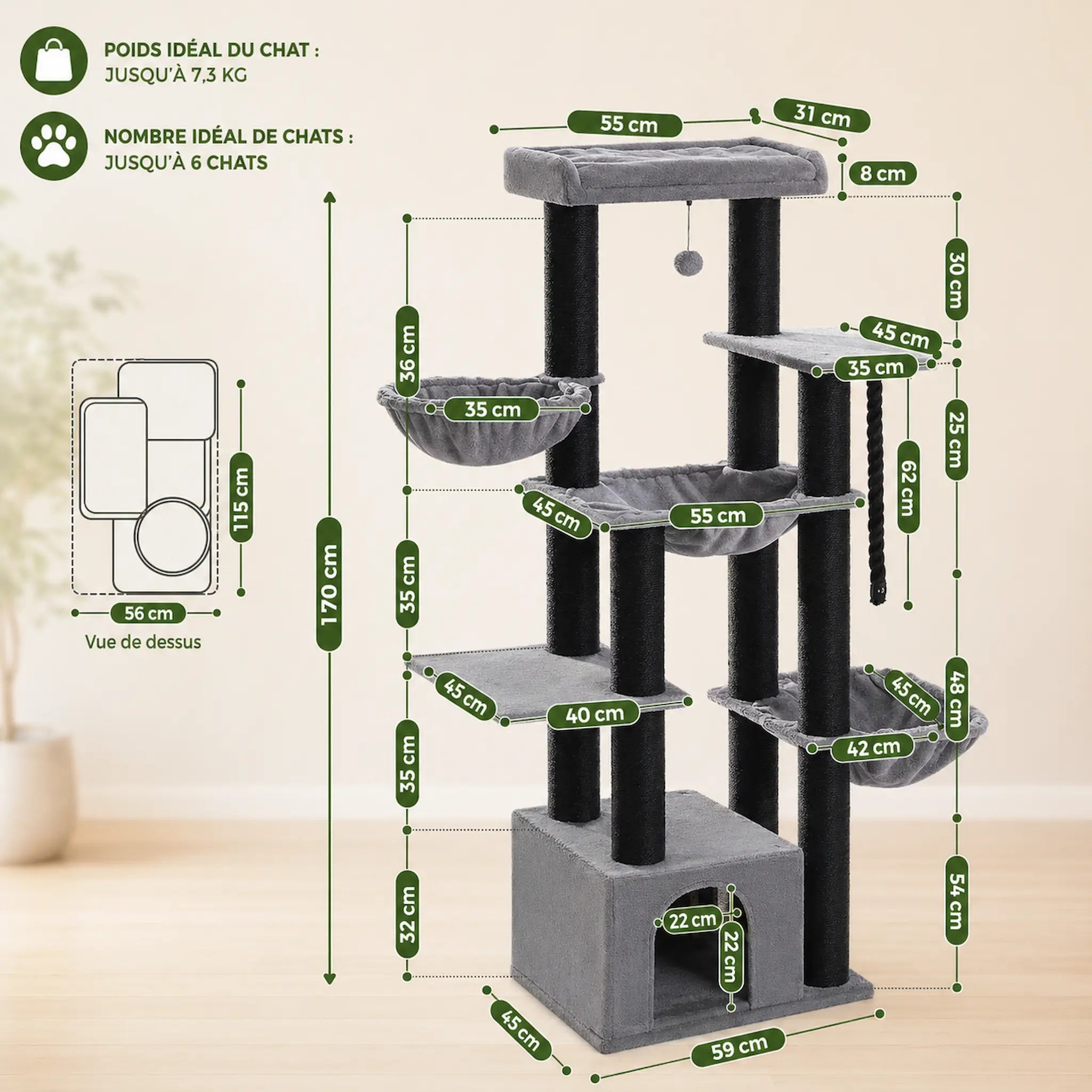 Arbre à Chat XXL pour Maine Coon 170 cm – Ultra Stable, Hamac XXL, 13 Griffoirs et Condos Spacieux