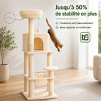 Arbre à Chat XXL Solide 143 cm – Ultra Stable 5 Niveaux avec Hamac XL, Niche et Griffoirs Sisal