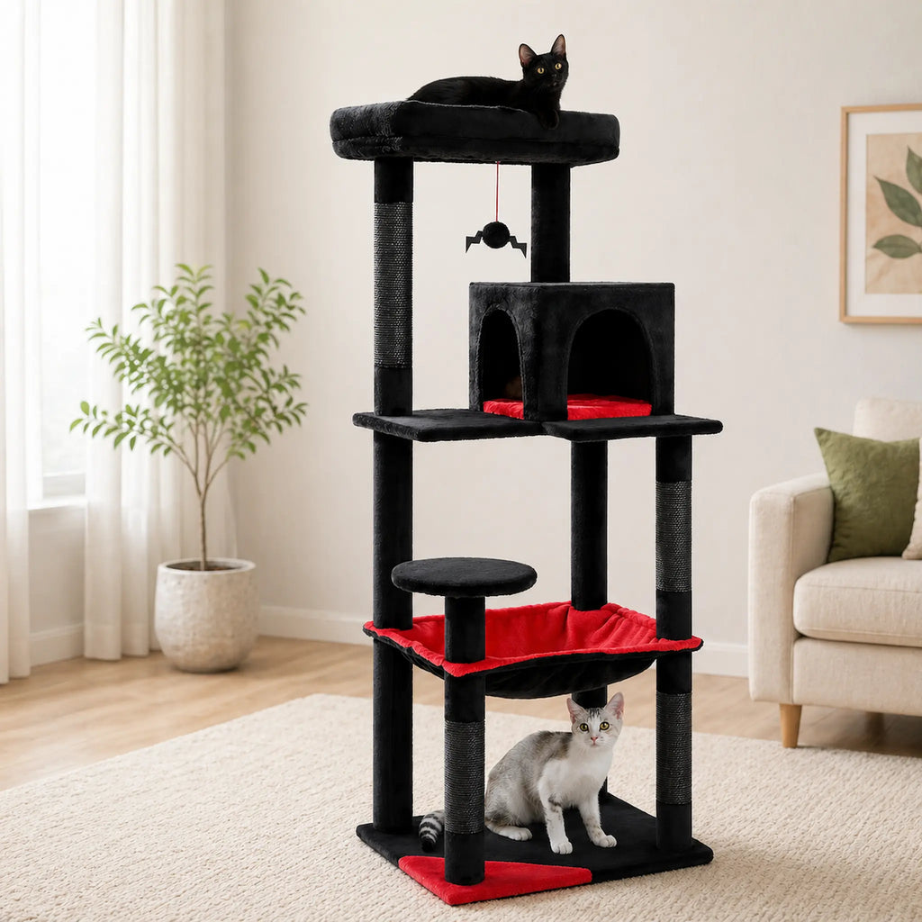 Arbre à Chat XXL Solide 143 cm – Ultra Stable 5 Niveaux avec Hamac XL, Niche et Griffoirs Sisal
