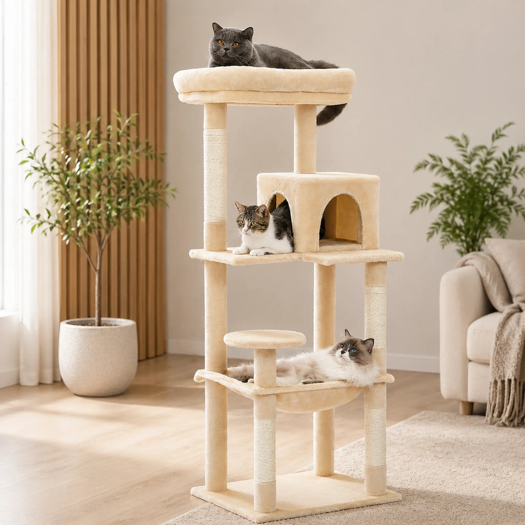 Arbre à Chat XXL Solide 143 cm – Ultra Stable 5 Niveaux avec Hamac XL, Niche et Griffoirs Sisal