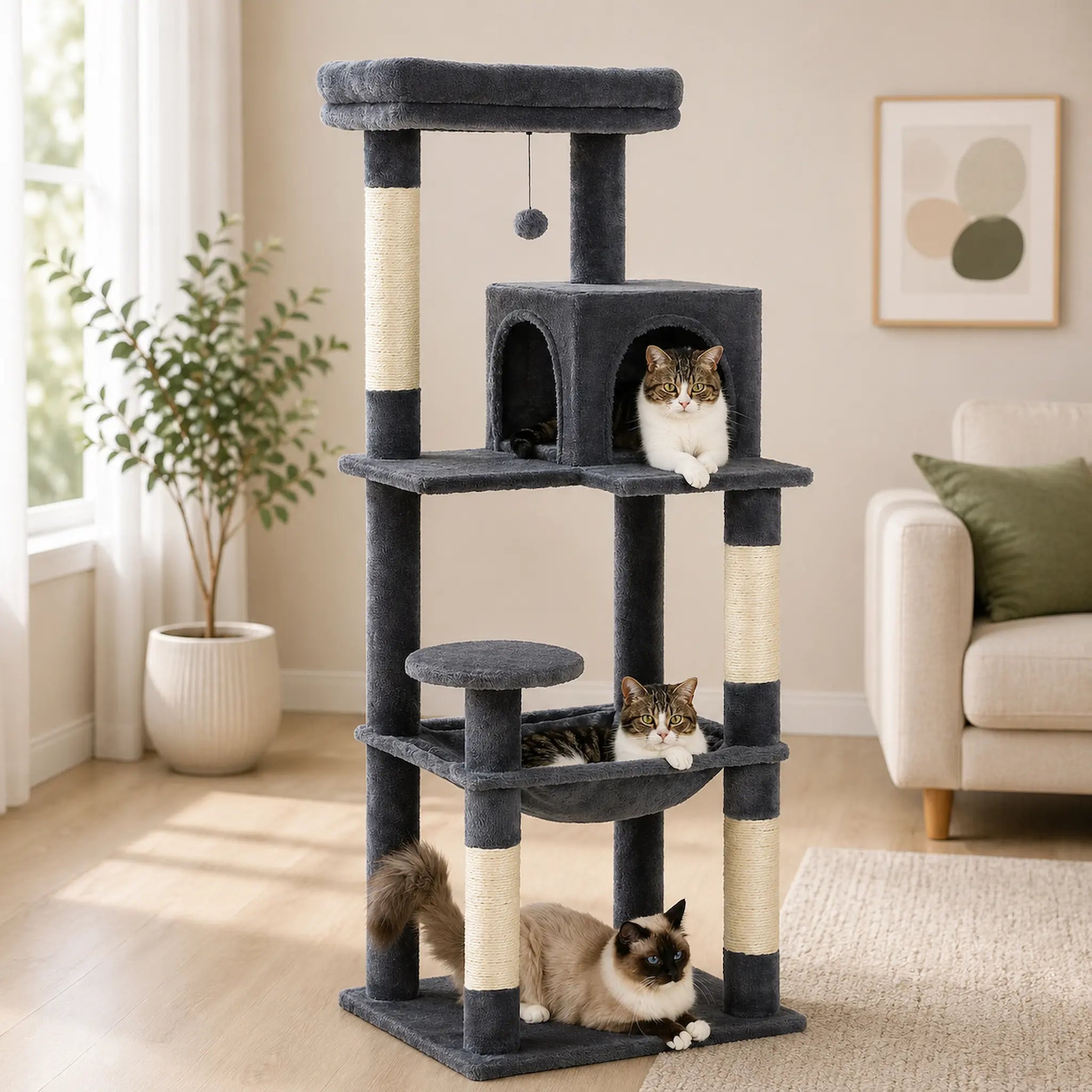 Arbre à Chat XXL Solide 143 cm – Ultra Stable 5 Niveaux avec Hamac XL, Niche et Griffoirs Sisal