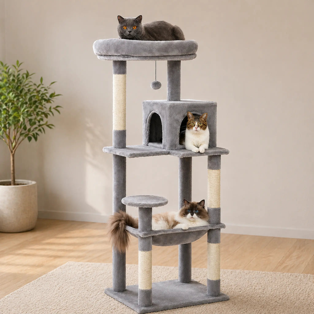 Arbre à Chat XXL Solide 143 cm – Ultra Stable 5 Niveaux avec Hamac XL, Niche et Griffoirs Sisal