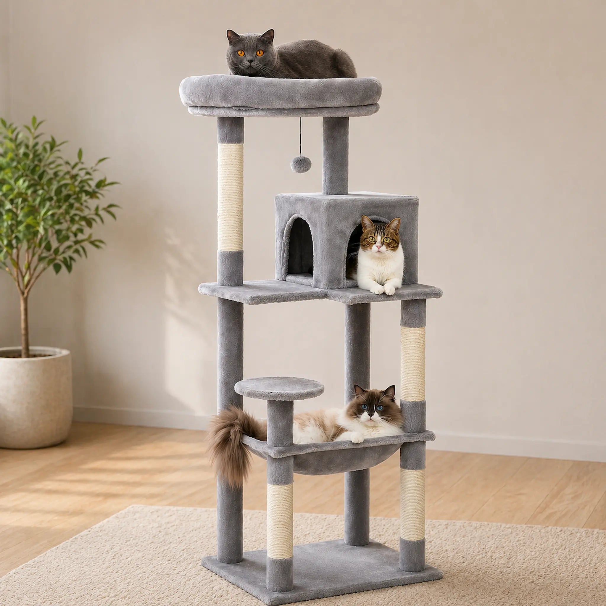 Arbre à Chat XXL Solide 143 cm – Ultra Stable 5 Niveaux avec Hamac XL, Niche et Griffoirs Sisal