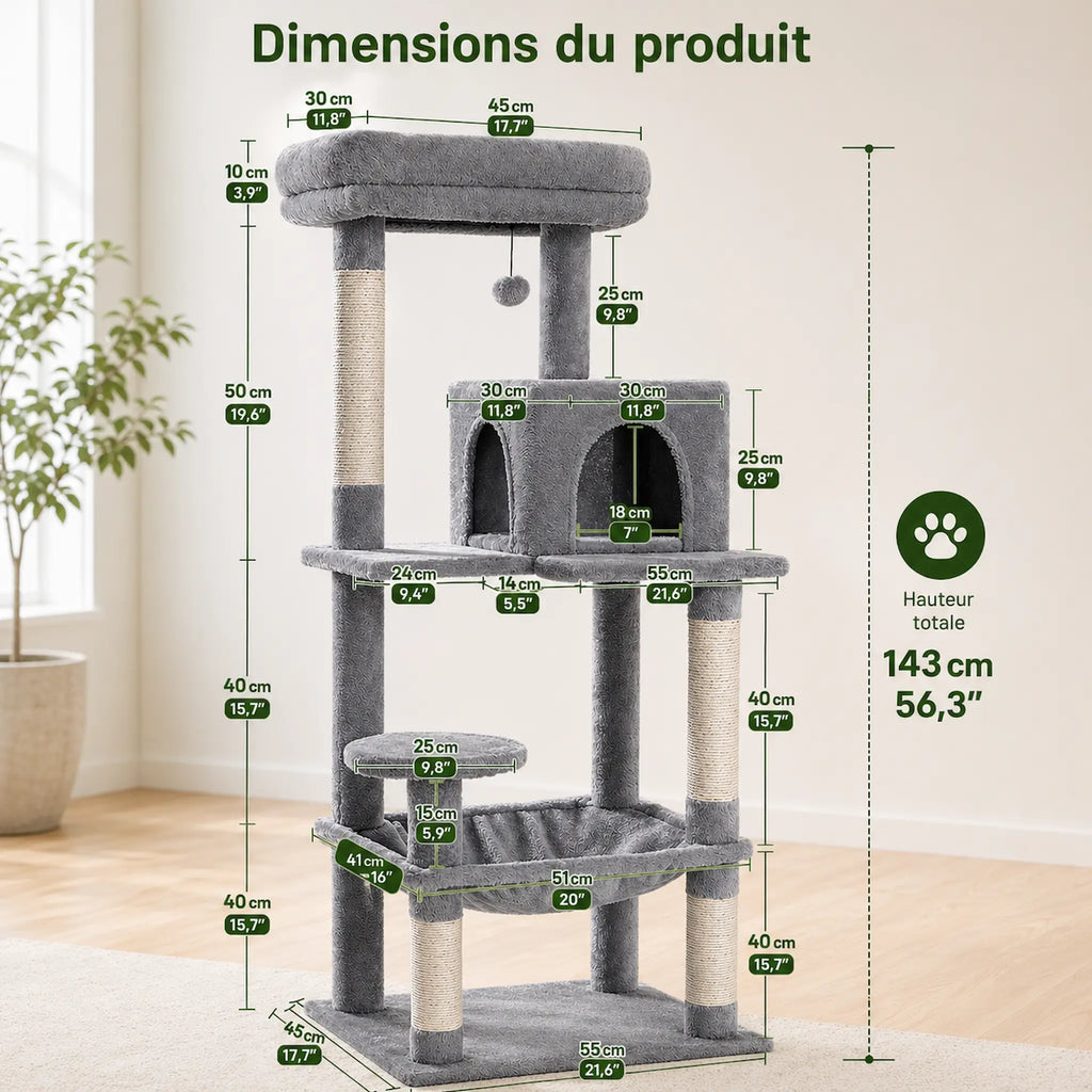 Arbre à Chat XXL Solide 143 cm – Ultra Stable 5 Niveaux avec Hamac XL, Niche et Griffoirs Sisal