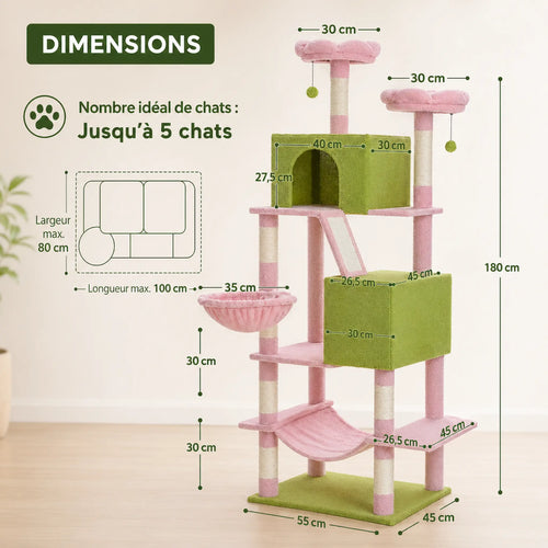 Hamac Arbre à Chat 180 cm – XXL Stable Multiniveaux avec 9 Griffoirs, Niche, Panier et Perchoir