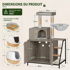 Meuble Cache Litière Chat – Arbre à Chat Intégré avec Niche, Plateforme, Hamac et Griffoirs