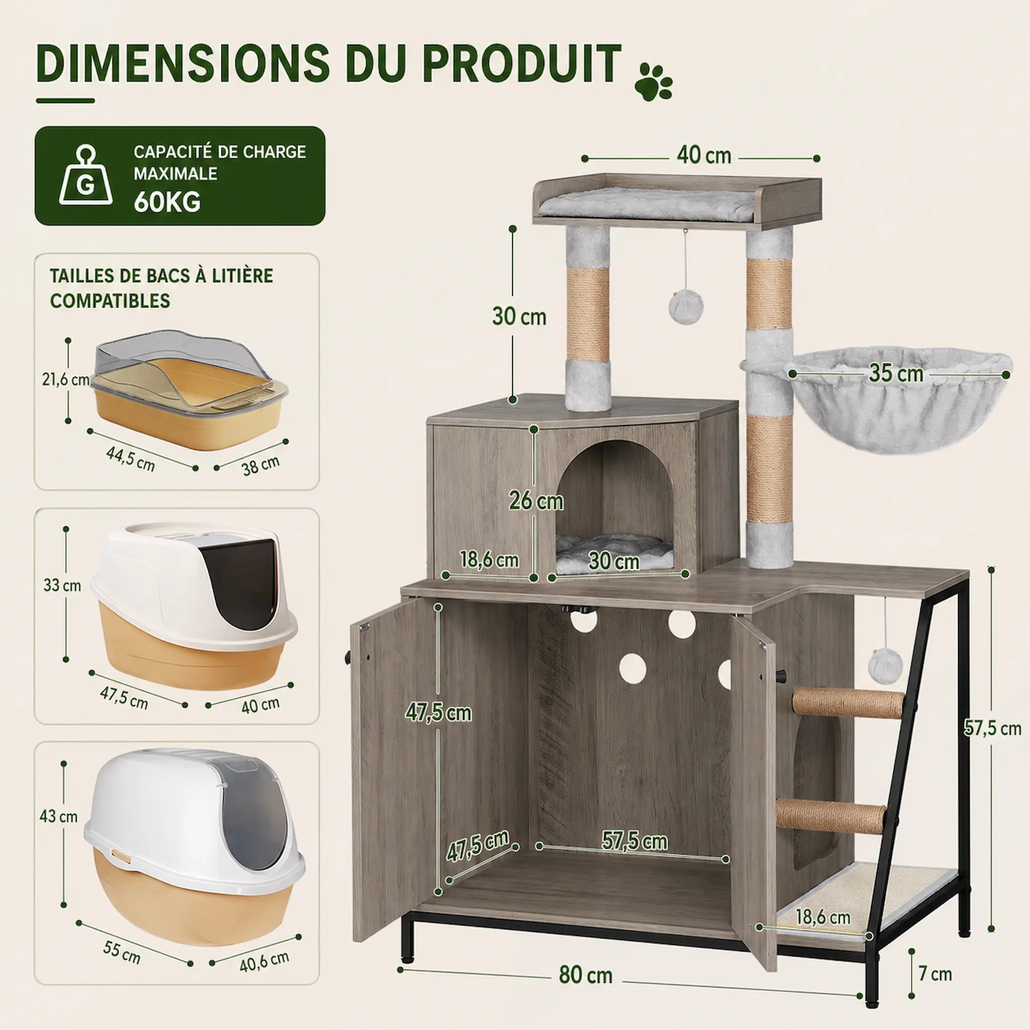 Meuble Cache Litière Chat – Arbre à Chat Intégré avec Niche, Plateforme, Hamac et Griffoirs