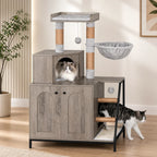 Meuble Cache Litière Chat – Arbre à Chat Intégré avec Niche, Plateforme, Hamac et Griffoirs