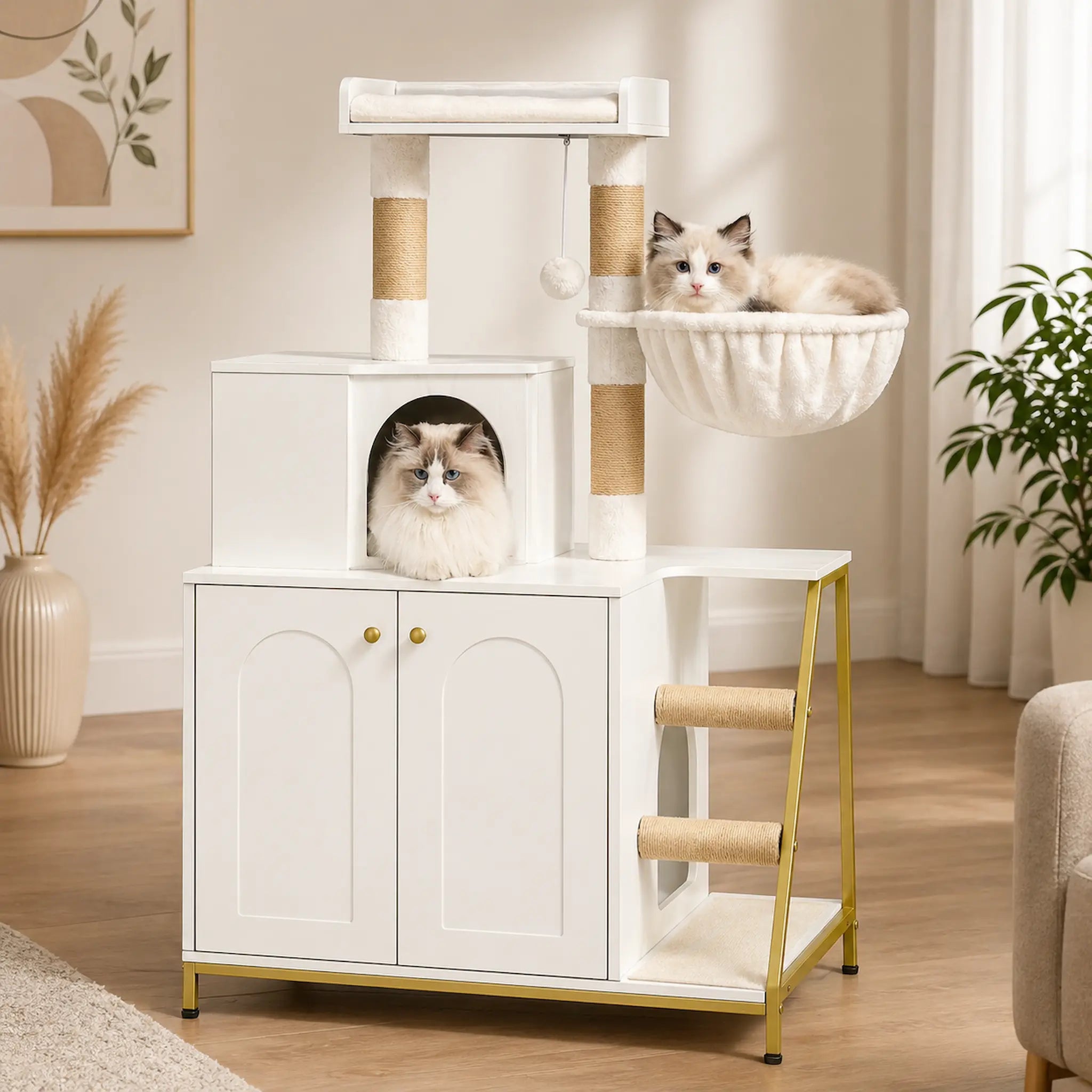 Meuble Cache Litière Chat – Arbre à Chat Intégré avec Niche, Plateforme, Hamac et Griffoirs