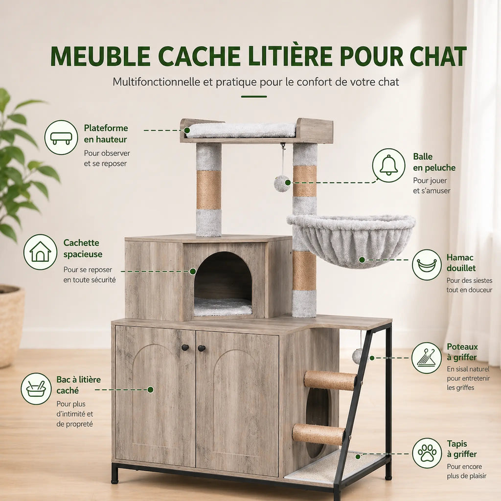 Meuble Cache Litière Chat – Arbre à Chat Intégré avec Niche, Plateforme, Hamac et Griffoirs