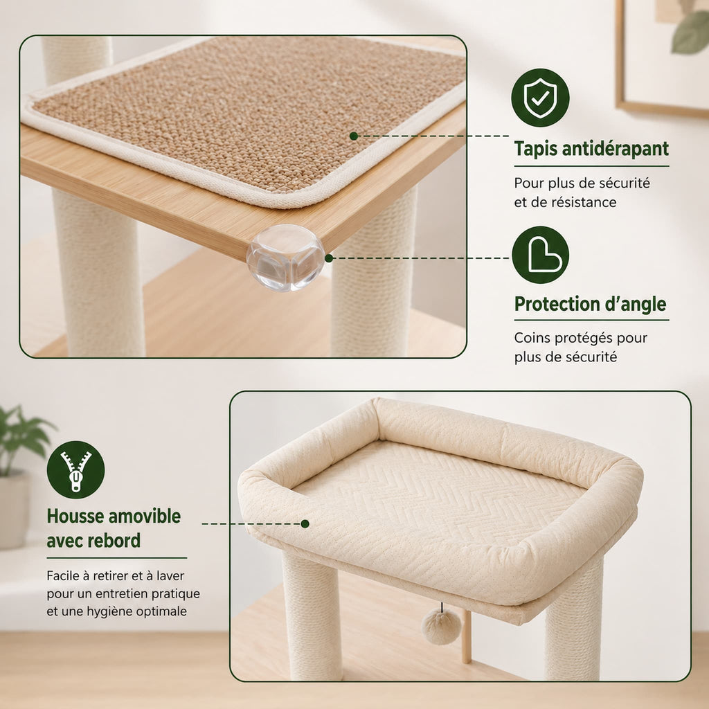 Meuble Cache Litière Chat – Arbre à Chat Bois avec Armoire, Hamac, Niche et Griffoirs Sisal