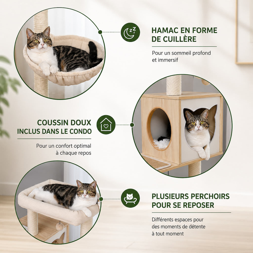 Meuble Cache Litière Chat – Arbre à Chat Bois avec Armoire, Hamac, Niche et Griffoirs Sisal