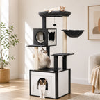Meuble Cache Litière Chat – Arbre à Chat Bois avec Armoire, Hamac, Niche et Griffoirs Sisal