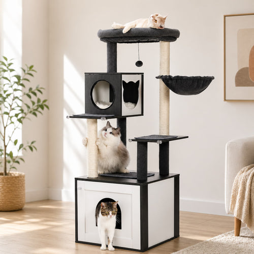 Meuble Cache Litière Chat – Arbre à Chat Bois avec Armoire, Hamac, Niche et Griffoirs Sisal