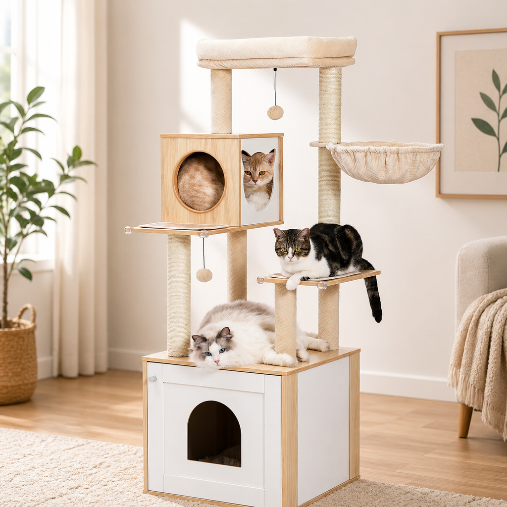 Meuble Cache Litière Chat – Arbre à Chat Bois avec Armoire, Hamac, Niche et Griffoirs Sisal