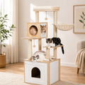 Meuble Cache Litière Chat – Arbre à Chat Bois avec Armoire, Hamac, Niche et Griffoirs Sisal
