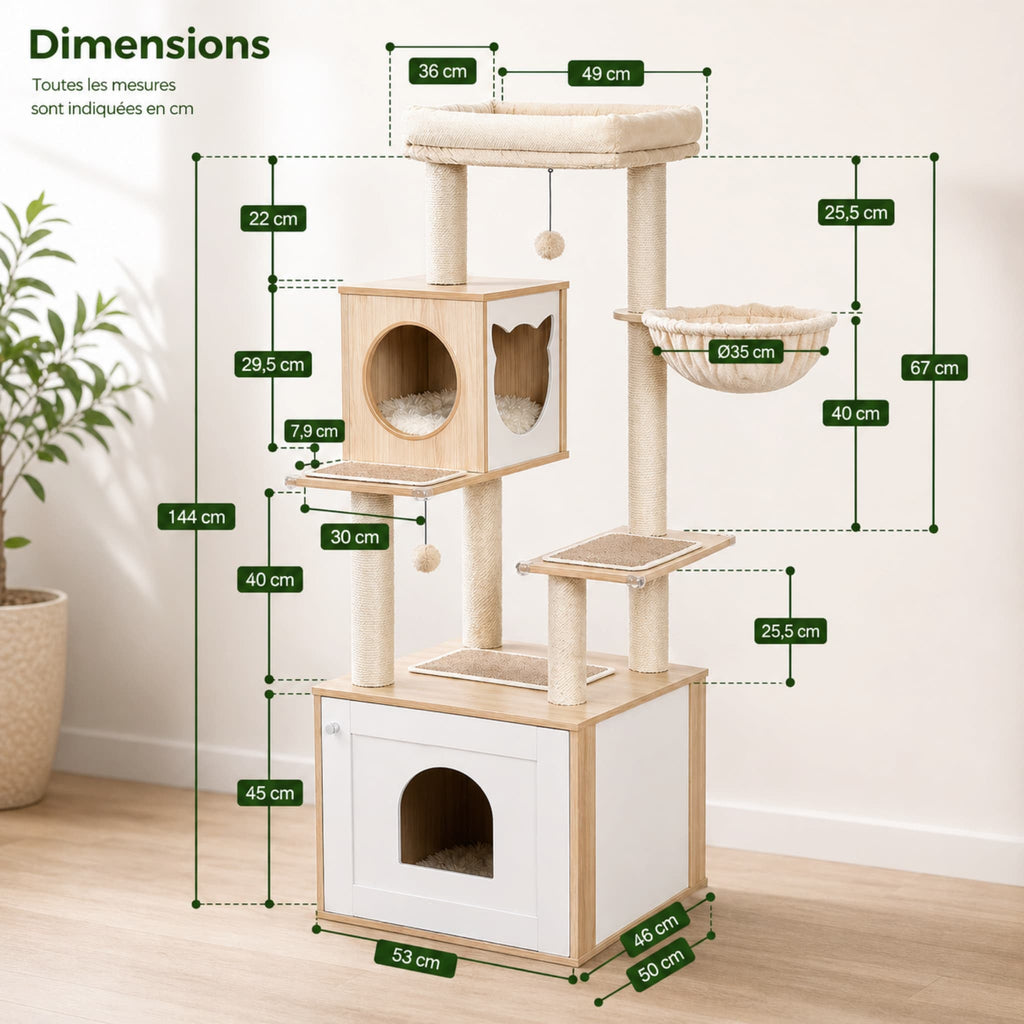 Meuble Cache Litière Chat – Arbre à Chat Bois avec Armoire, Hamac, Niche et Griffoirs Sisal