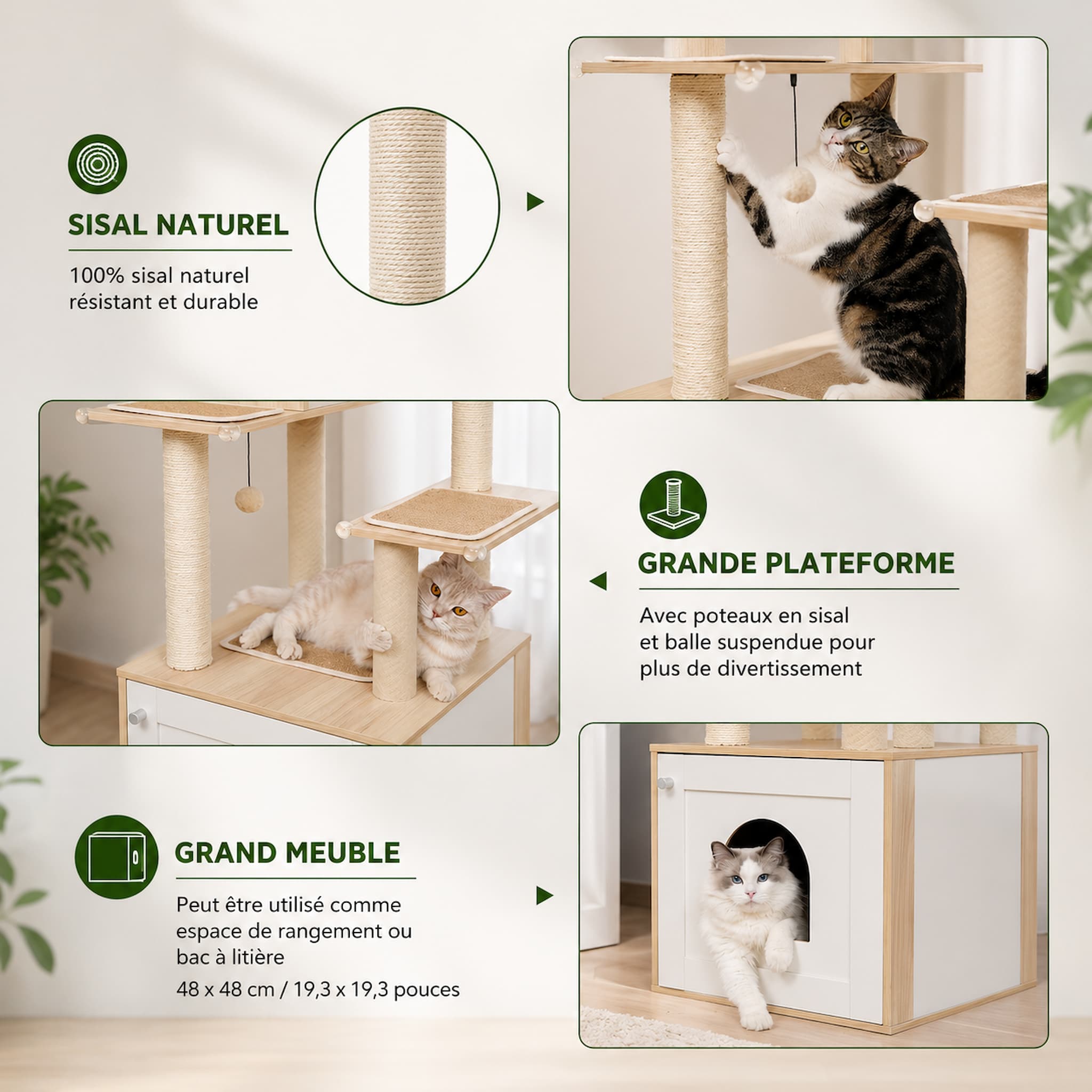 Meuble Cache Litière Chat – Arbre à Chat Bois avec Armoire, Hamac, Niche et Griffoirs Sisal