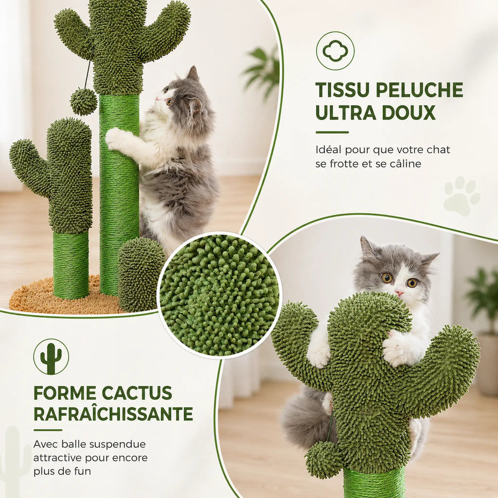 Petit Arbre à Chat 83 cm – Griffoir Cactus Stable avec 3 Poteaux Sisal et Jouet Suspendu