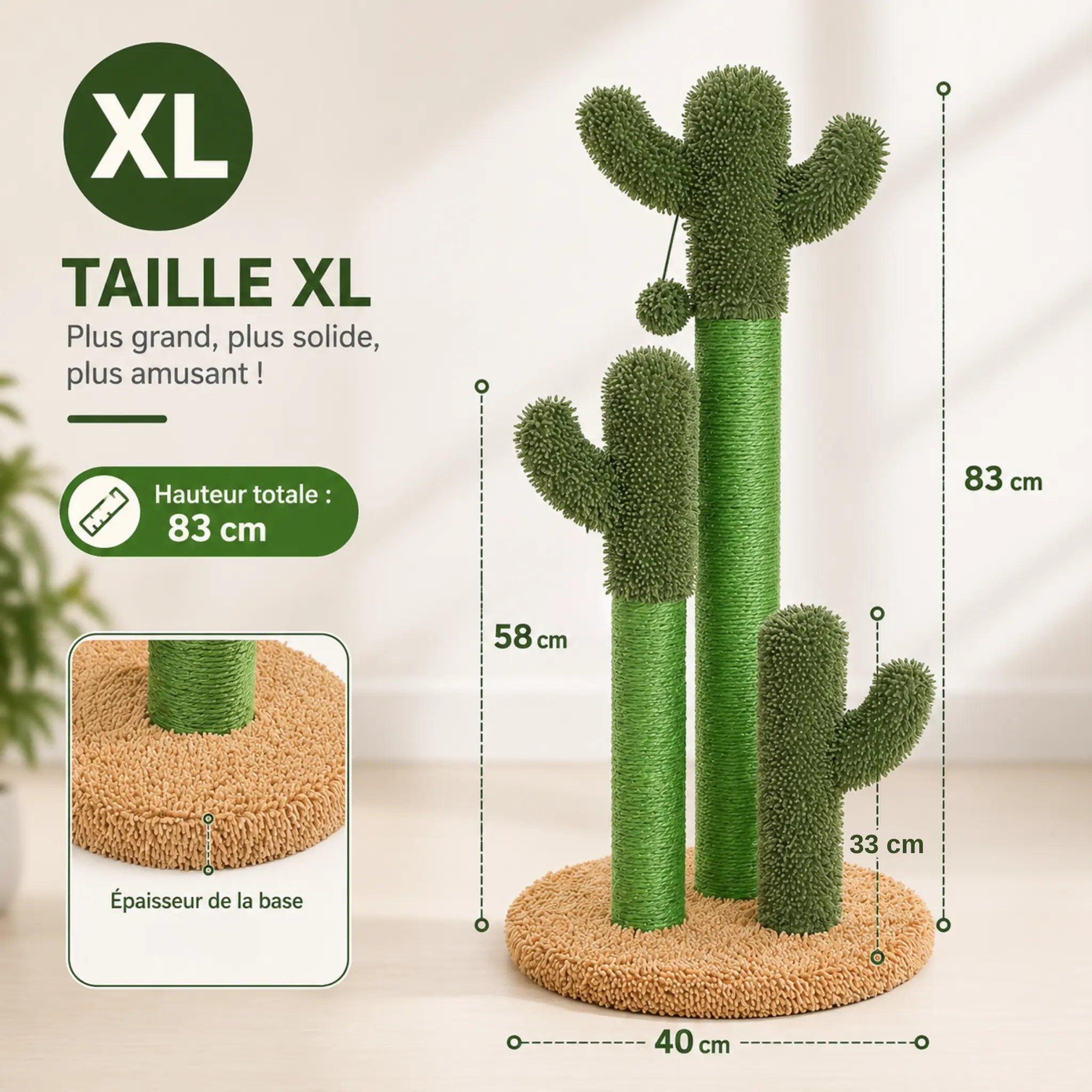 Petit Arbre à Chat 83 cm – Griffoir Cactus Stable avec 3 Poteaux Sisal et Jouet Suspendu