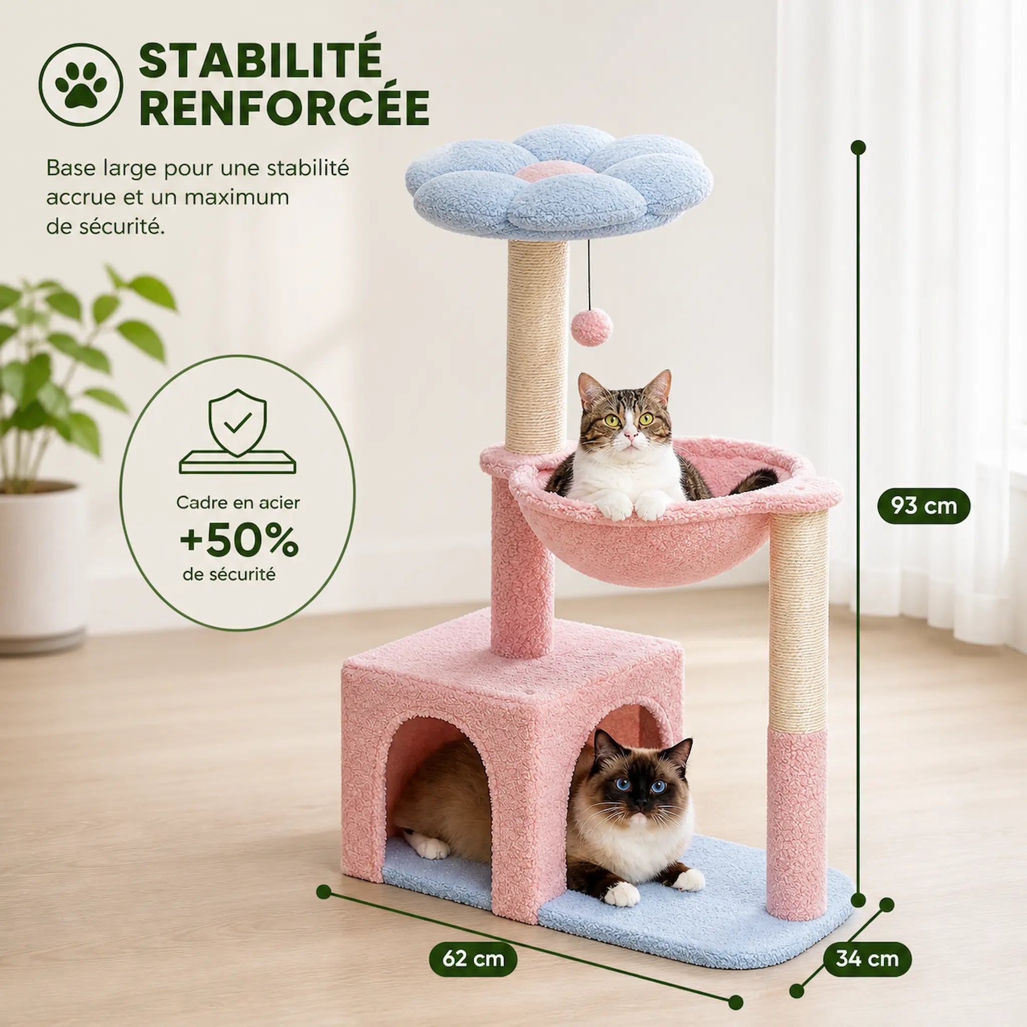 Petit Arbre à Chat avec Hamac 89 cm – Compact 4 Niveaux Stable avec Niche, Griffoirs Sisal et Perchoir