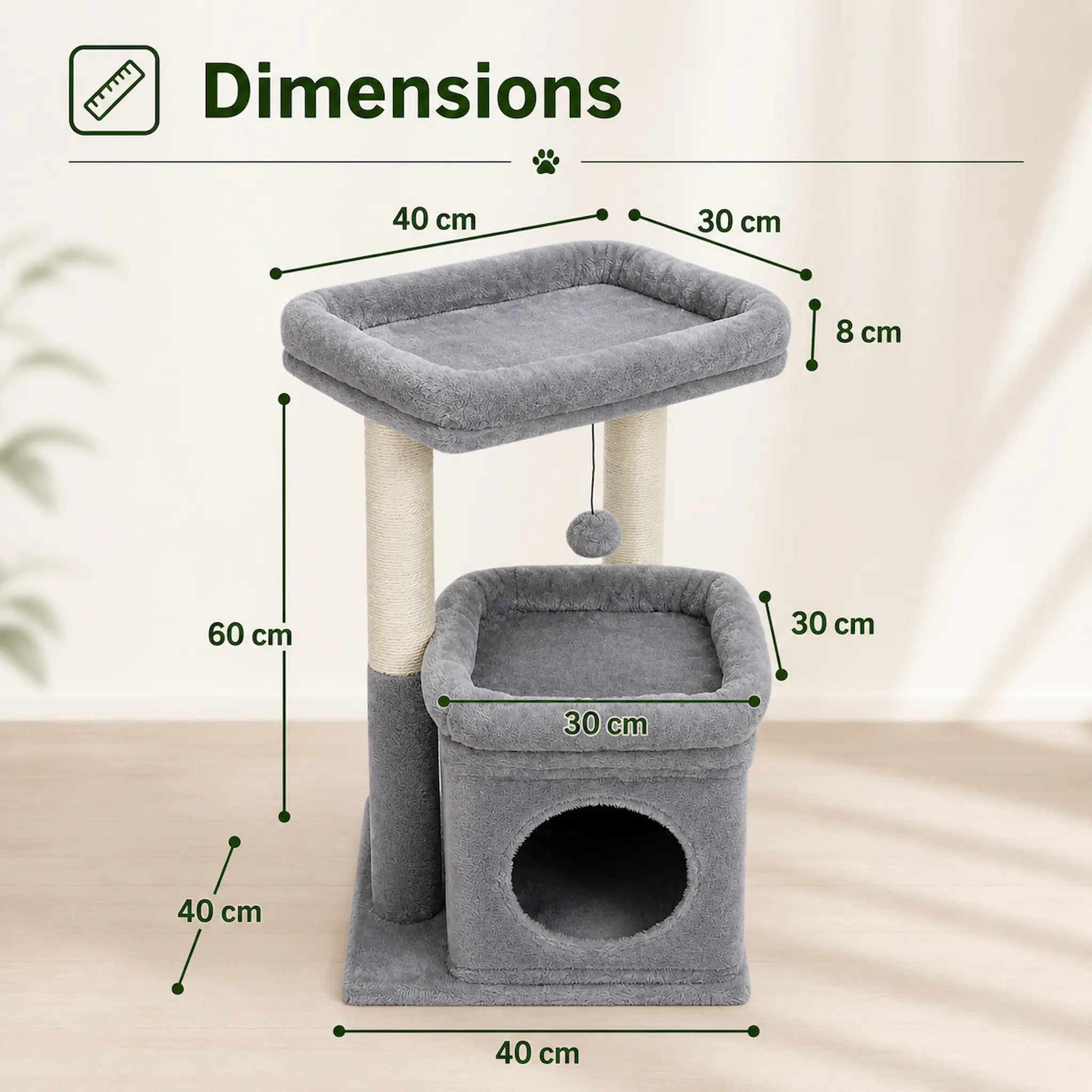 Petit Arbre à Chat Beige – Compact 3 Niveaux avec Niche, 2 Perchoirs, 4 Griffoirs Sisal et Jouet