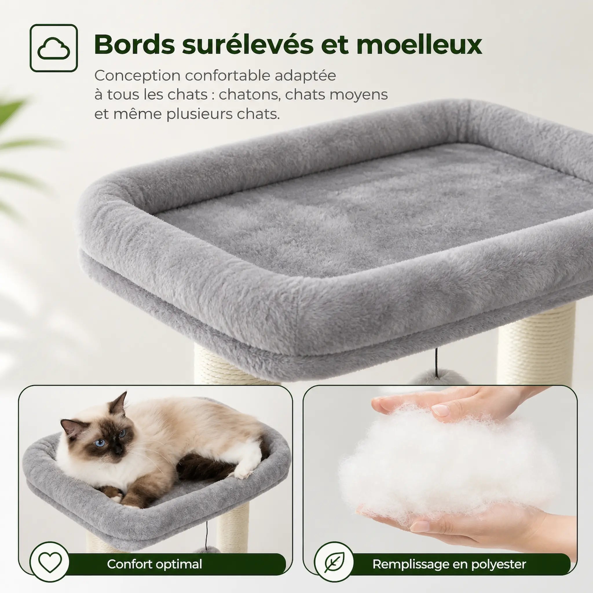Petit Arbre à Chat Beige – Compact 3 Niveaux avec Niche, 2 Perchoirs, 4 Griffoirs Sisal et Jouet
