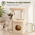 Petit Arbre à Chat Beige – Compact 3 Niveaux avec Niche, 2 Perchoirs, 4 Griffoirs Sisal et Jouet