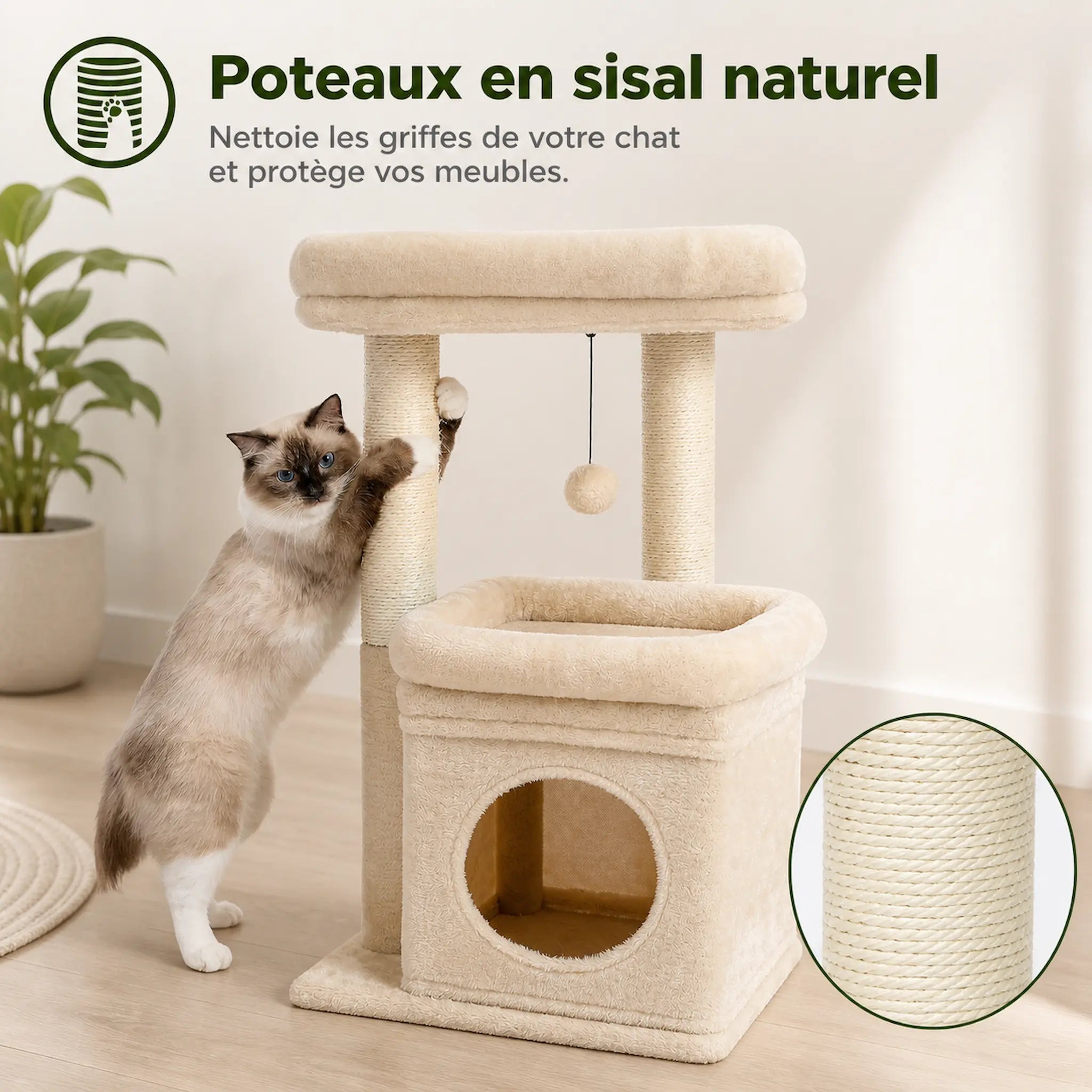 Petit Arbre à Chat Beige – Compact 3 Niveaux avec Niche, 2 Perchoirs, 4 Griffoirs Sisal et Jouet