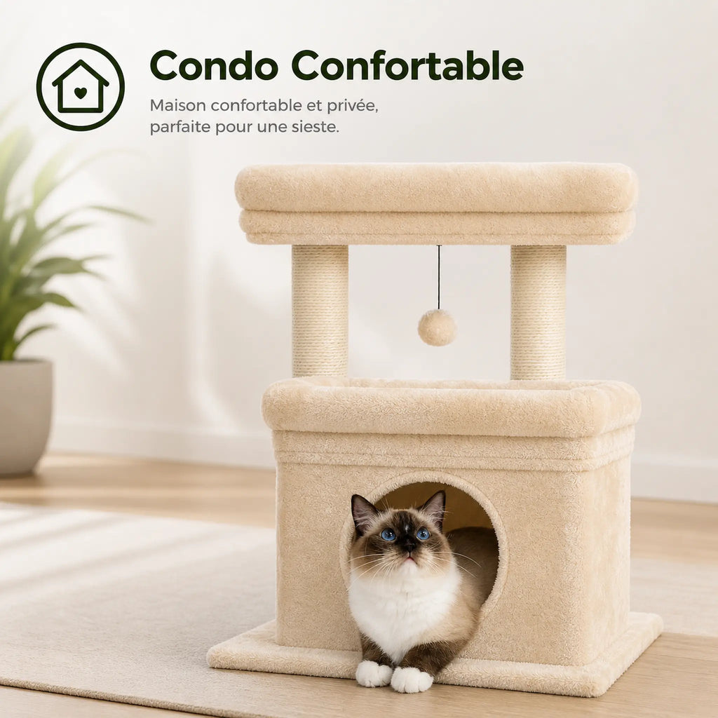 Petit Arbre à Chat Beige – Compact 3 Niveaux avec Niche, 2 Perchoirs, 4 Griffoirs Sisal et Jouet